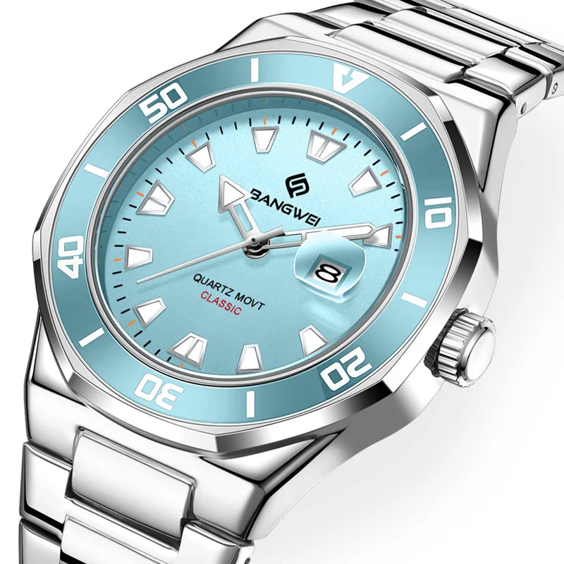 Reloj de negocios para hombre BANGWEI con fecha, resistente al agua, luminoso, de lujo, deportivo, de cuarzo y acero inoxidable para caballero