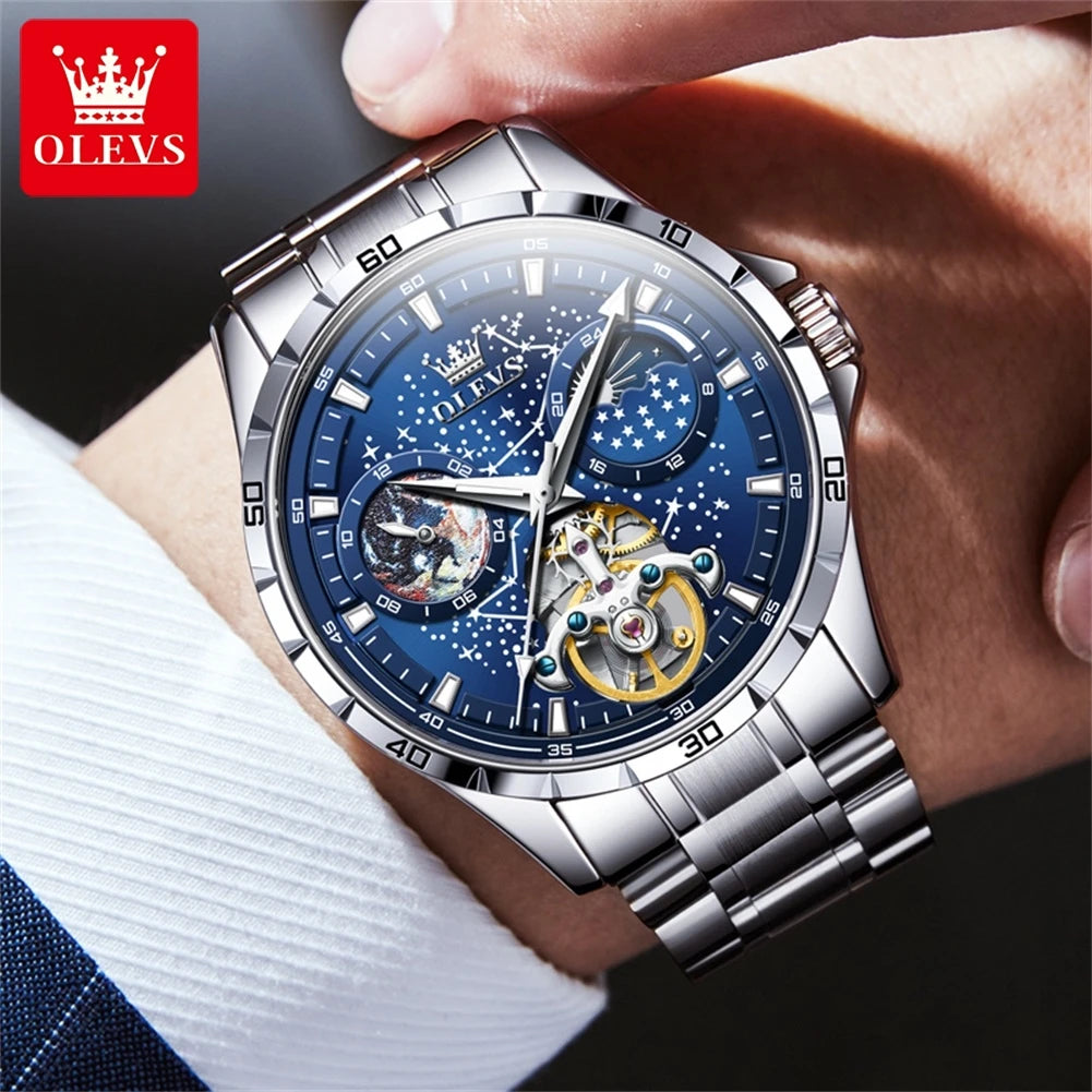 Reloj automático OLEVS con esfera esqueleto de volante para hombre, reloj de pulsera mecánico de negocios, impermeable, con diseño de cielo estrellado y luminiscente
