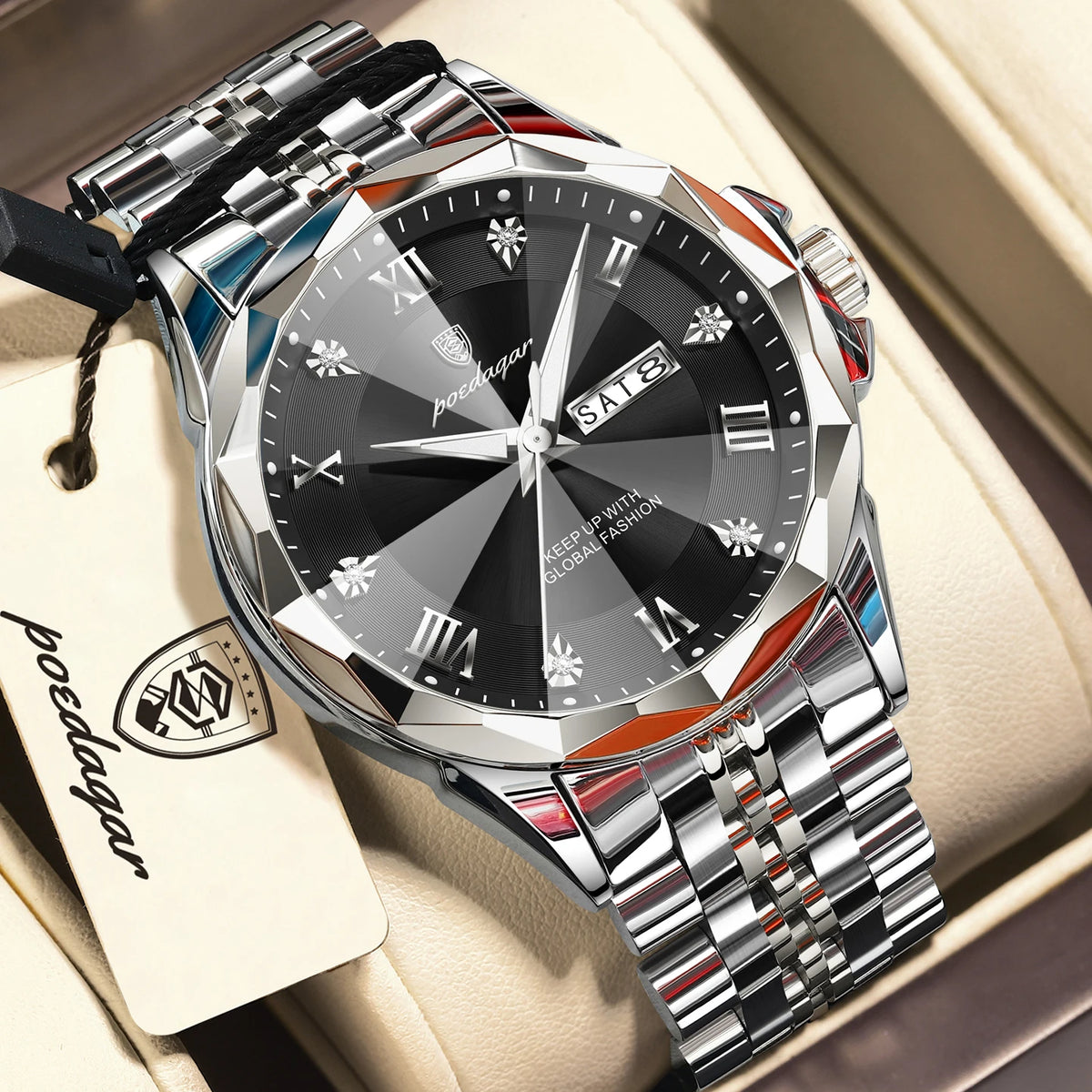 POEDAGAR Fashion Quartz Men Clock Waterproof Luminous Date Week Sport Men's Watch Stainless Steel Business Watches For Man Reloj
