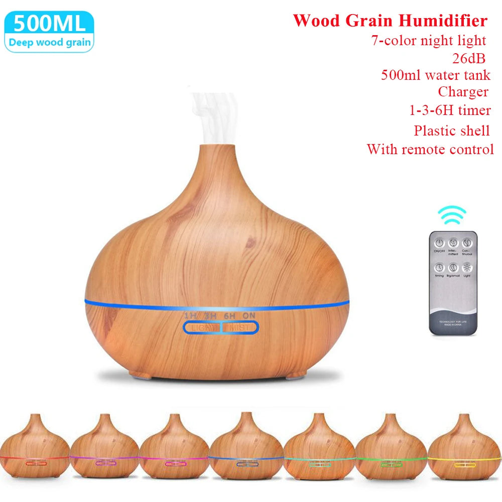 Humidificador de aceite esencial con Control remoto, difusor de Aroma ultrasónico con LED de 7 colores, 300ml, 500ml, para el hogar