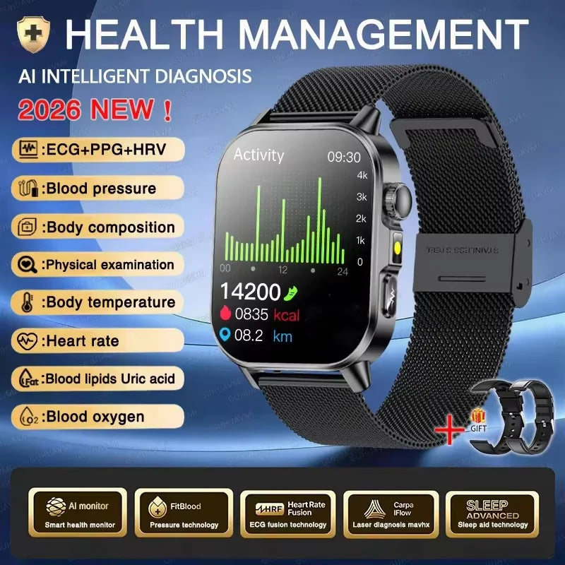 Nuevo reloj inteligente para hombres con diagnóstico de salud preciso ECG, presión arterial, oxígeno en sangre, grasa en sangre, ácido úrico, temperatura y llamadas Bluetooth