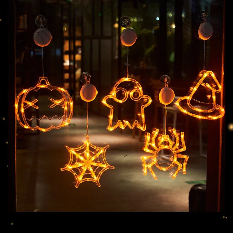 Decoración de Halloween, fantasma de calabaza naranja, luz de ventana de Halloween con ventosa, funciona con pilas, decoración colgante para el hogar de Halloween