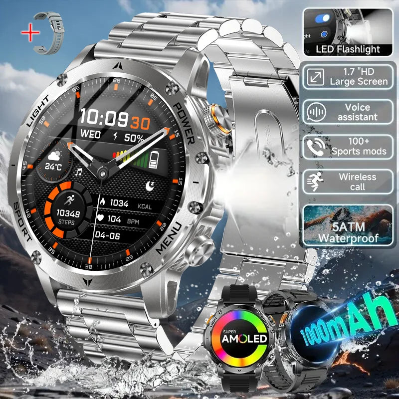 Reloj inteligente deportivo para exteriores con GPS 2026, pantalla AMOLED, linterna LED, frecuencia cardíaca, resistente al agua, llamadas por Bluetooth, batería de 1000 mAh, para hombre