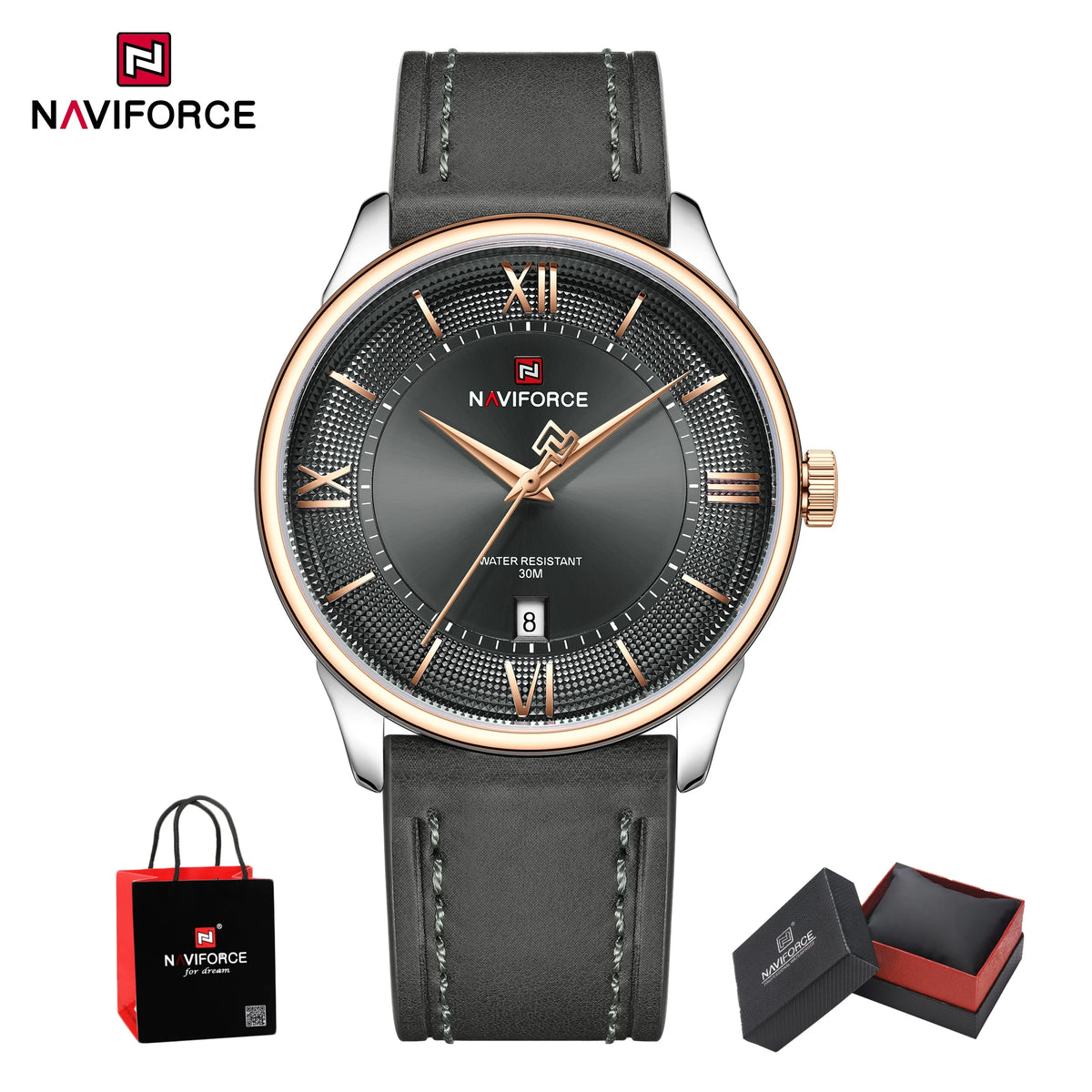 Reloj de cuarzo para hombre NAVIFORCE de negocios, resistente al agua 3ATM, correa de cuero auténtico, visualización de fecha, reloj de pulsera para hombre, caja de regalo