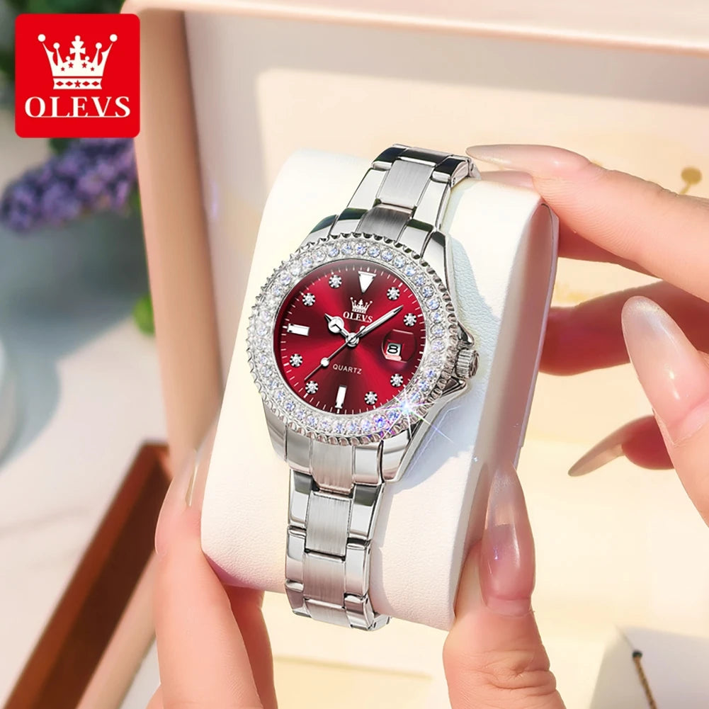 Reloj de pulsera elegante para mujer OLEVS, resistente al agua, con calendario luminoso, reloj de cuarzo para mujer de acero inoxidable, rojo, femenino