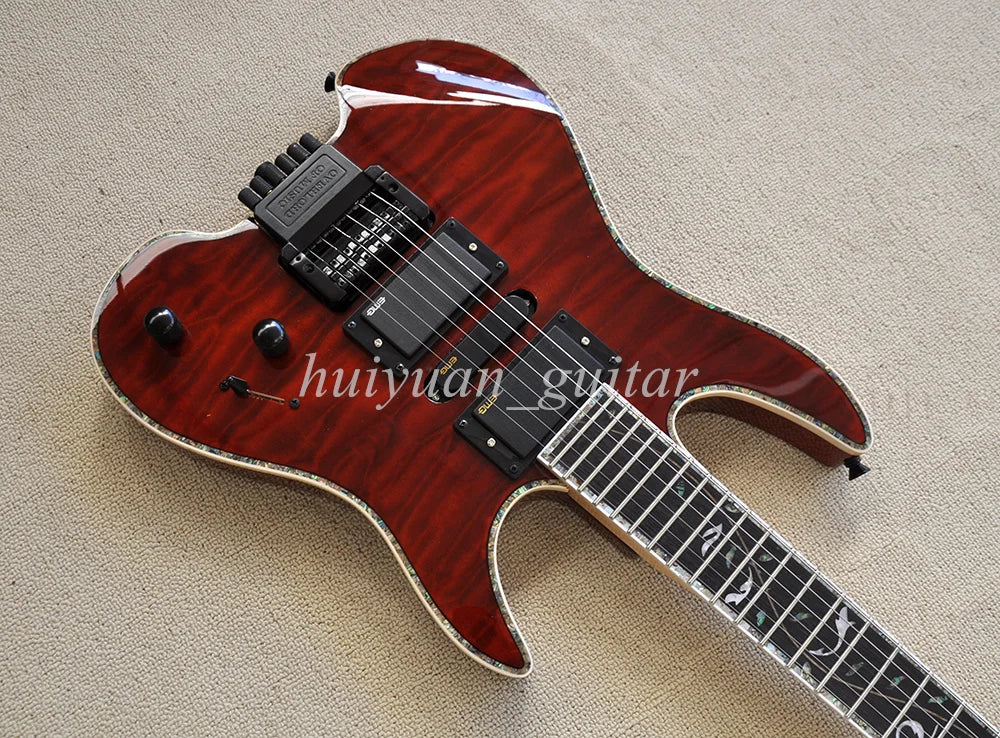 Guitarra Eléctrica Flyoung de 6 Cuerdas, Roja, sin Cabezal, con Incrustaciones de Abulón, Diapasón de Palisandro, 24 Trastes