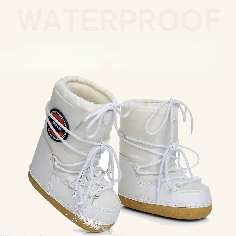 Botas de nieve de invierno para mujer, botas de esquí esponjosas y peludas con cordones, plataforma plana de media pantorrilla con botas de esquí blancas, 2024
