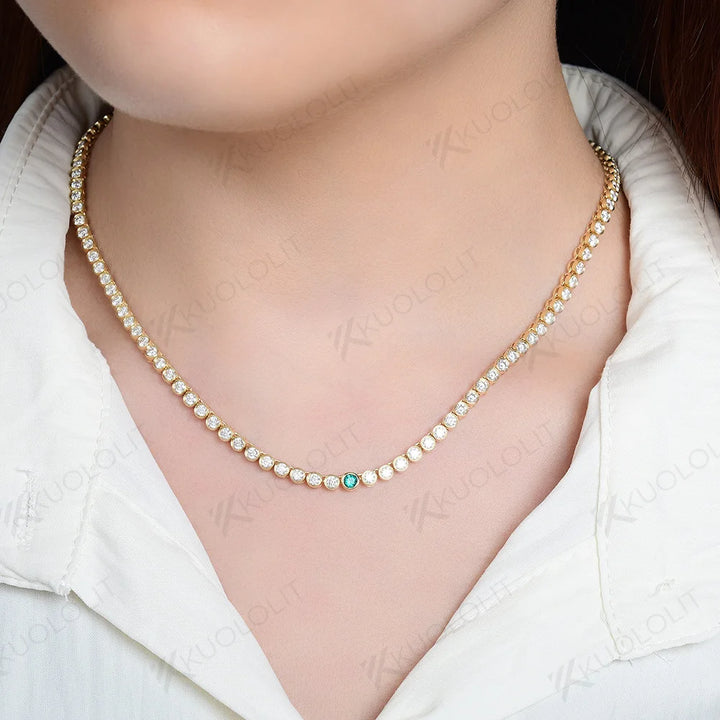Kuololit-collar de tenis de Esmeralda cultivada en laboratorio de 7 quilates para mujer, collar de moissanita de oro sólido de 18K, 14K y 10K para fiesta, regalos de navidad