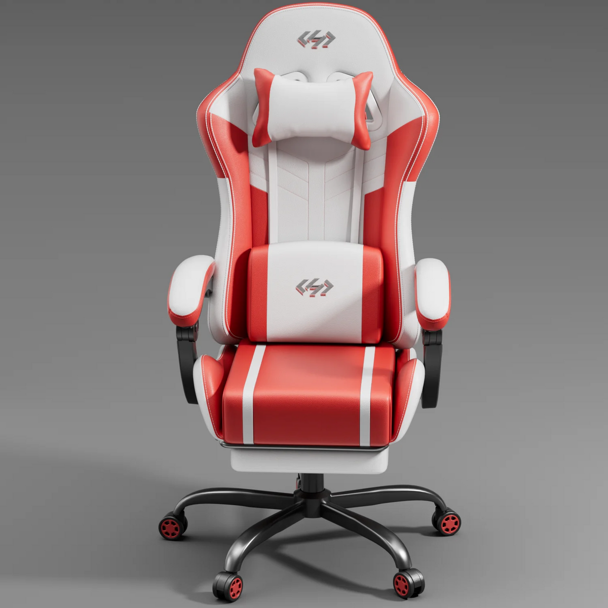 Silla de gaming ergonómica blanca y roja con reposacabezas, cojines y base giratoria