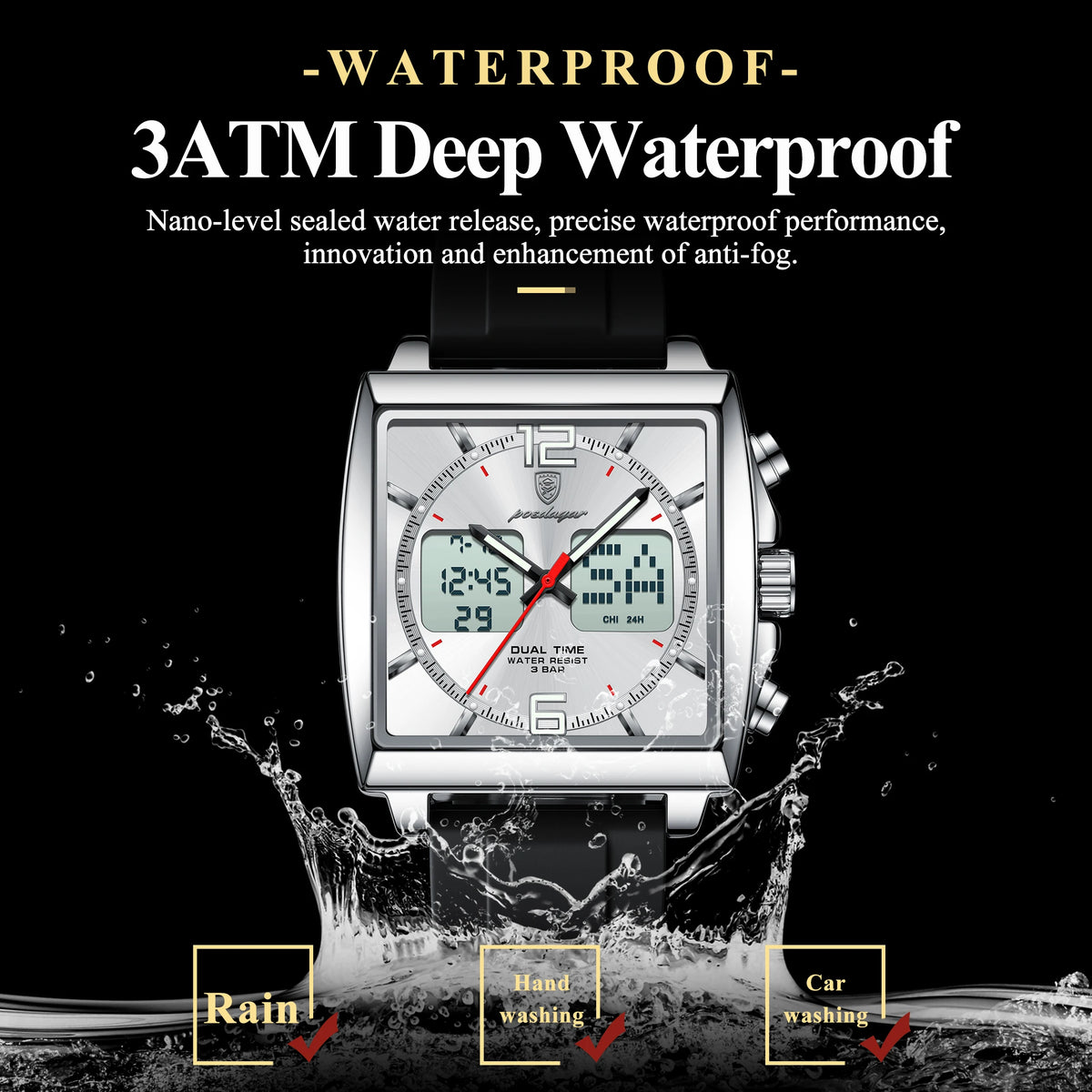 Reloj de pulsera para hombre POEDAGAR Fashion Square, cronógrafo de cuarzo con alarma LED, fecha y día, reloj militar electrónico