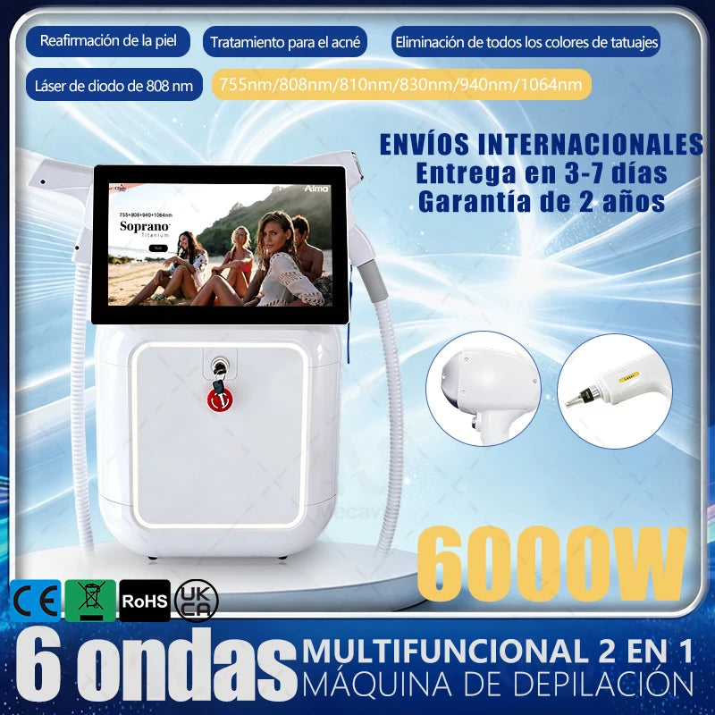 Máquina de depilación y eliminación de tatuajes con láser de diodo de picosegundos de 808 nm, 2 en 1, con 4 longitudes de onda ajustables: 755/808/940/1064 nm.