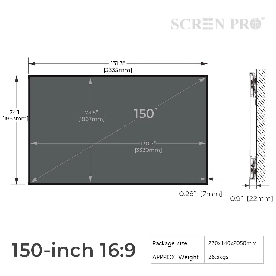 Pantalla de proyector ALR 16:9 gris de 150 pulgadas, con dimensiones