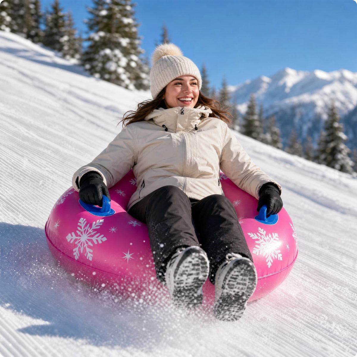 Trineo de nieve inflable, cómodo, ideal para usar en exteriores, seguro para familias, para descender por colinas nevadas y para jugar en el patio trasero durante el invierno.