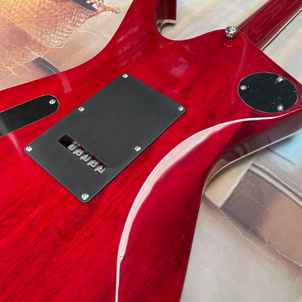 Guitarra eléctrica de 6 cuerdas con tapa de arce tigrado efecto sunset, sistema de trémolo, pastillas HHH, guitarra eléctrica de rock metálico.