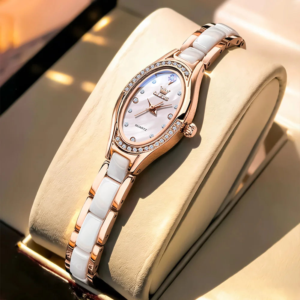 Reloj de cuarzo para mujer OLEVS 7131 con correa de porcelana, resistente al agua 30m, esfera con diamantes exquisitos y diseño elegante de moda