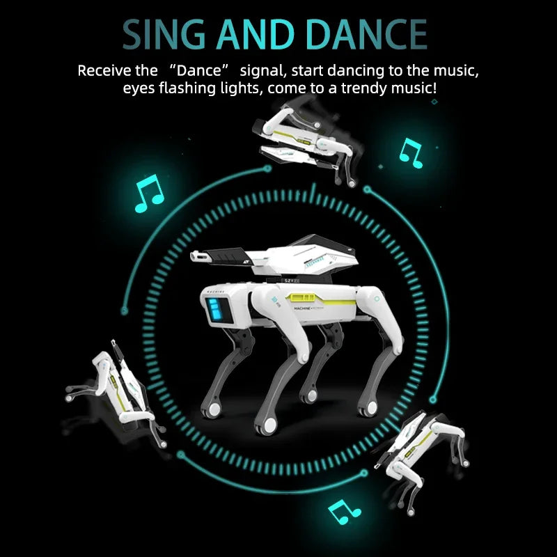 Perro robot RC blanco que canta y baila, luces y pantalla azul en el cuerpo