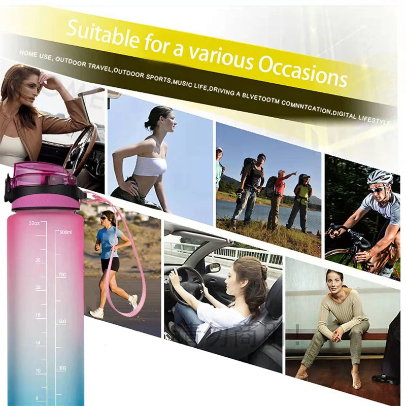 Botella de agua portátil de 1 litro con pajita, botella de agua deportiva motivacional, botellas a prueba de fugas para beber, jarras de Fitness para viajes al aire libre