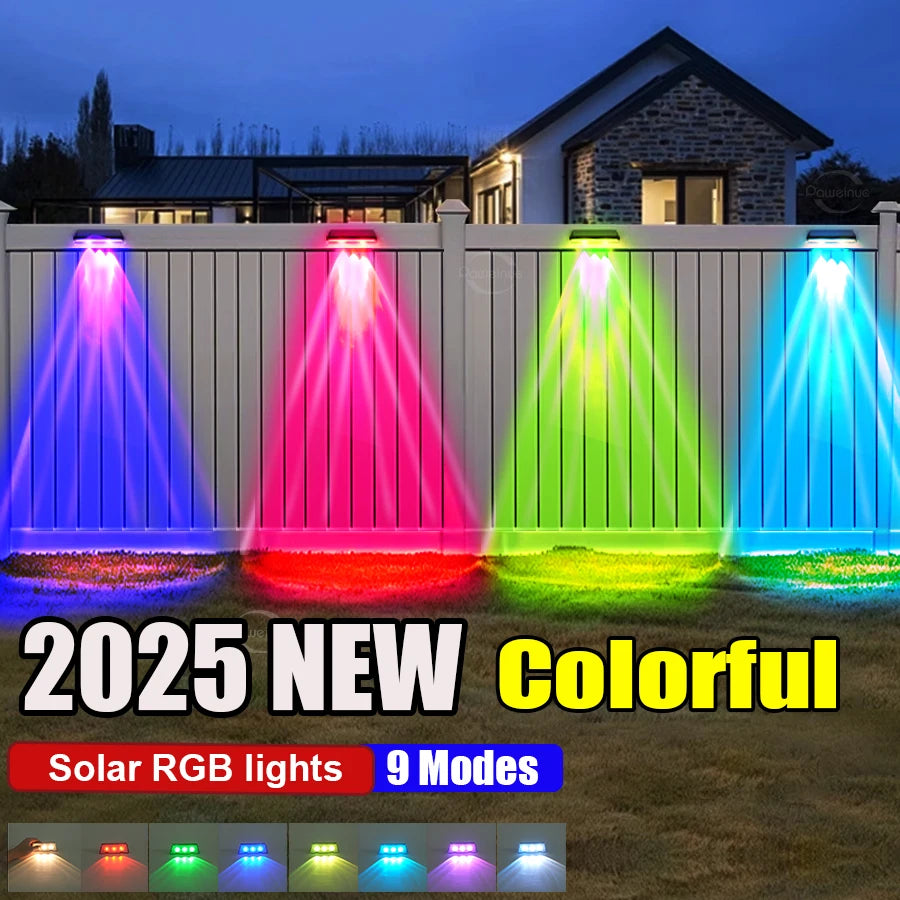Luces solares superbrillantes, luces LED solares para escalones RGB y blanco cálido, luces para pared y valla de exterior, lámparas solares decorativas con impermeabilidad IP65