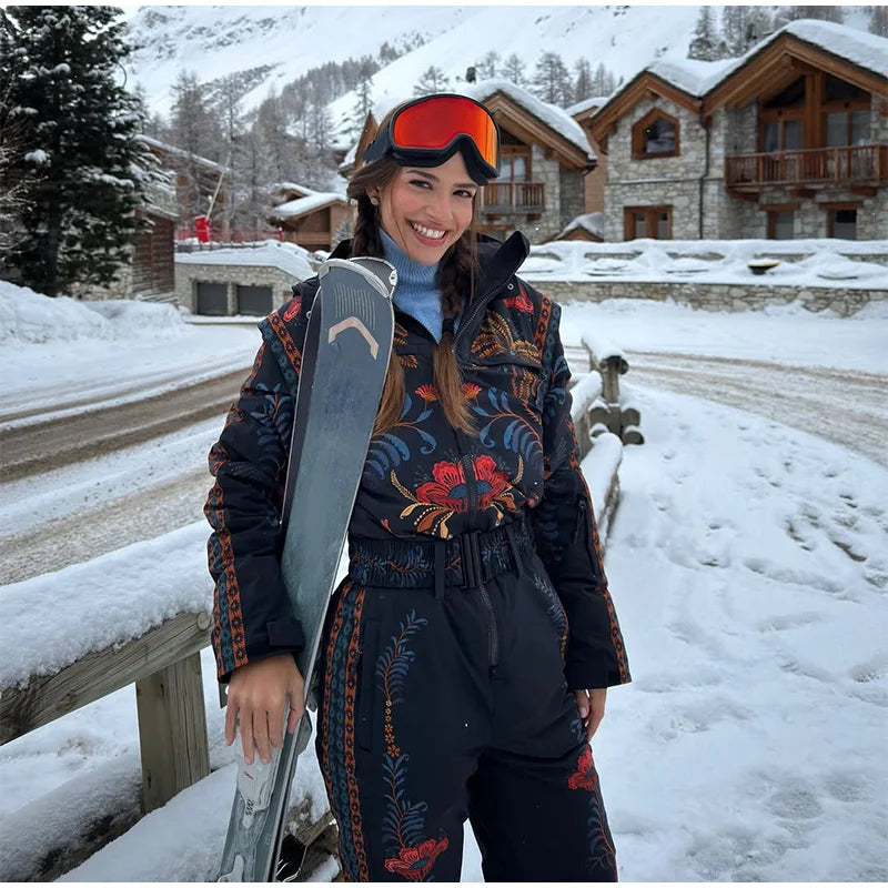 Traje de esquí de una sola pieza con estampado floral para mujer, con capucha, acolchado, resistente al viento, cálido, ideal para actividades al aire libre en invierno, conjunto de esquí y snowboard para mujer.