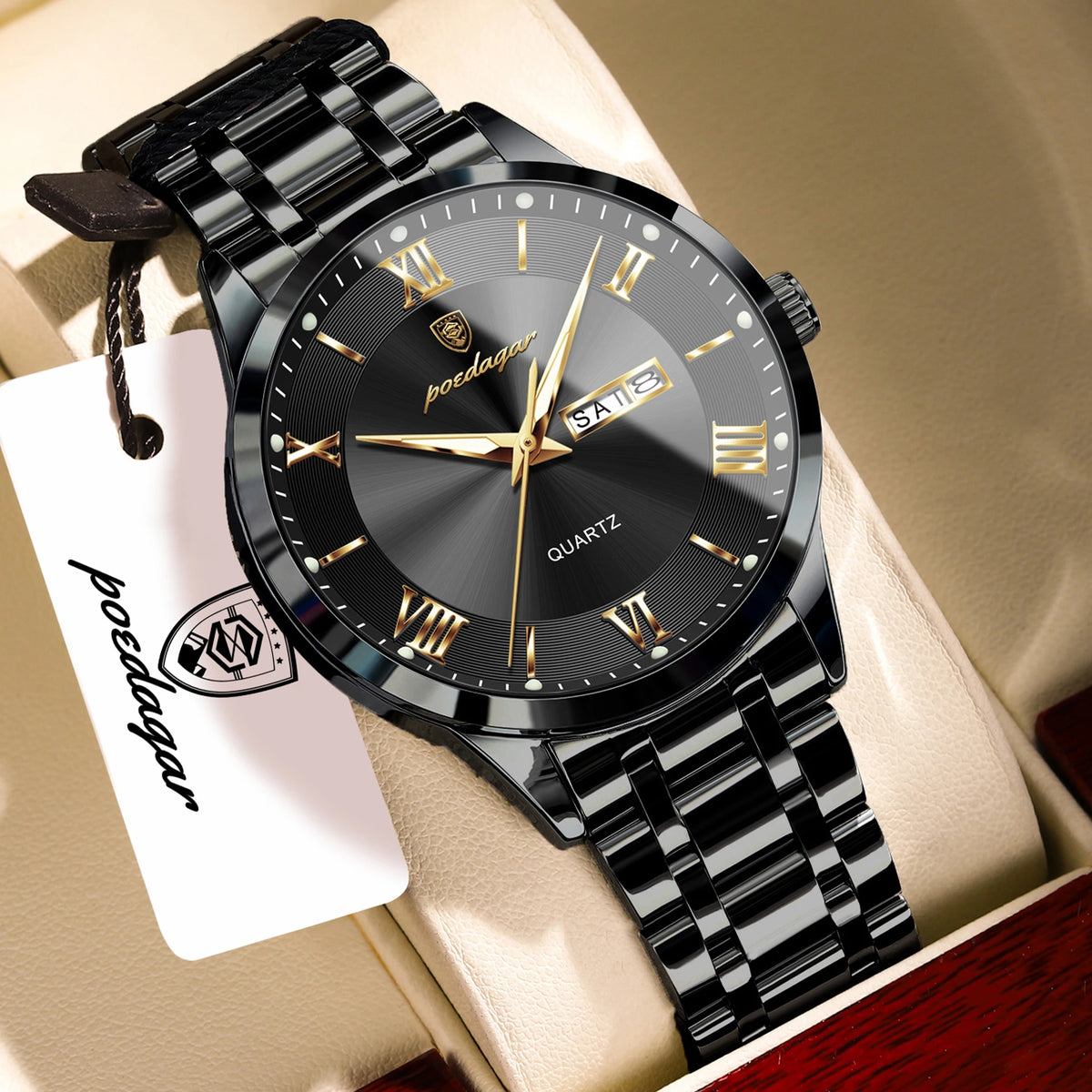 Reloj de pulsera para hombre POEDAGAR de moda, luminoso, impermeable, de acero inoxidable, con fecha y día, de cuarzo para negocios