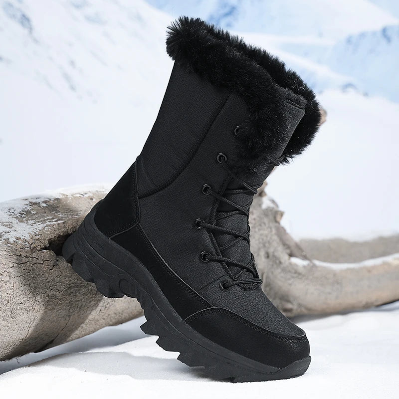 Botas de nieve para mujer, impermeables, antideslizantes, cálidas, de estilo nororiental, con forro de algodón, botas de esquí, con forro polar, de tejido grueso, resistentes al desgaste, botas de algodón de caña alta.