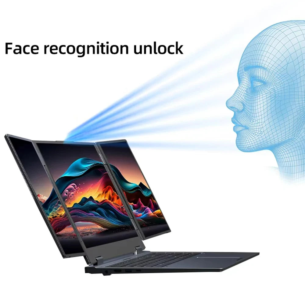 Portátil triple pantalla abierto con foco en desbloqueo por reconocimiento facial
