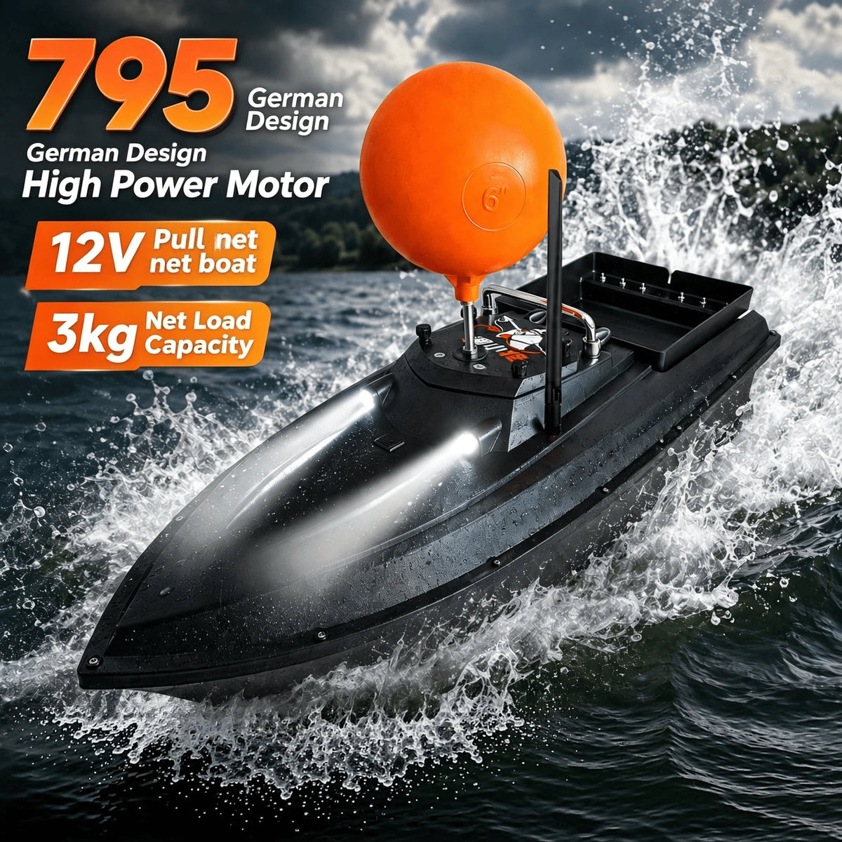 JS90 Barco cebador GPS 12V, velocidad 280 m/min, 100 puntos de pesca, carga de 3 kg, crucero y retorno automático, ajuste de 3 velocidades, bola antivuelco
