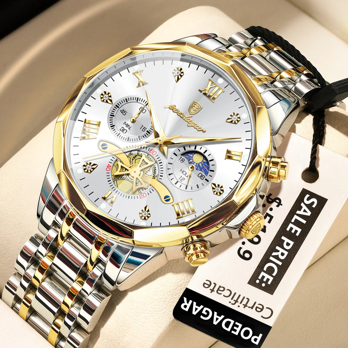 POEDAGAR Reloj de Lujo para Hombre, Reloj de Pulsera Cronógrafo Luminoso Impermeable Original Superior, de Acero Inoxidable, Relojes de Cuarzo para Hombre, Reloj