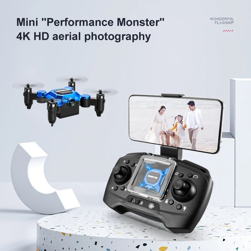 Dron mini azul con cámara, transmisor y pantalla del móvil
