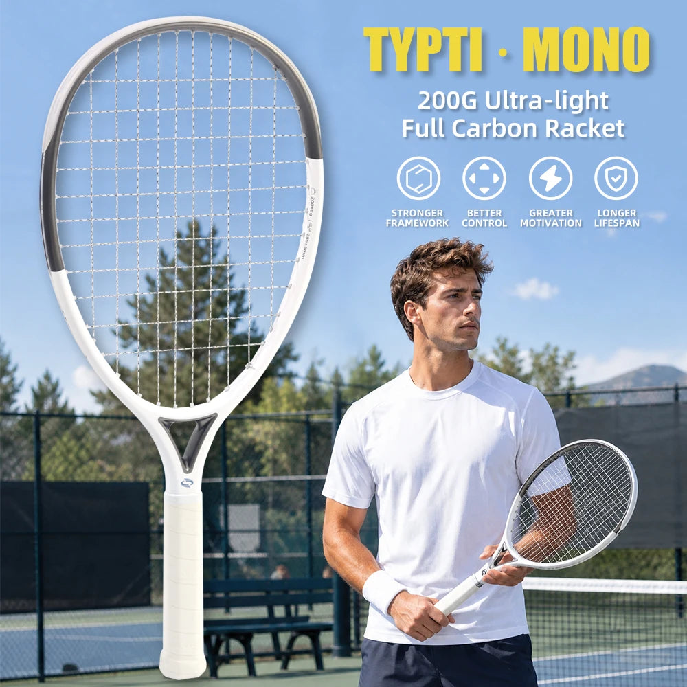 Raqueta de tenis ultraligera de carbono completo TYPTI MONO Pro 200g sin encordar 10x11 285mm Balance Quiet Mini con marco hueco triangular plateado