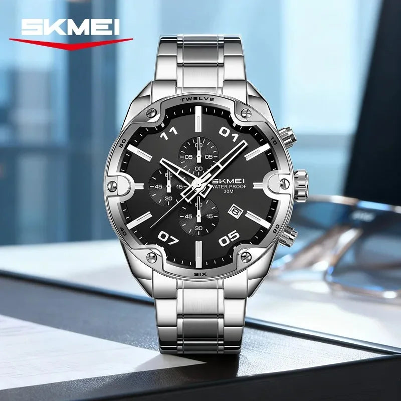 Reloj de lujo para hombre SKMEI 9387, reloj de pulsera de negocios, reloj de cuarzo casual a la moda, cronógrafo de acero inoxidable resistente al agua con fecha