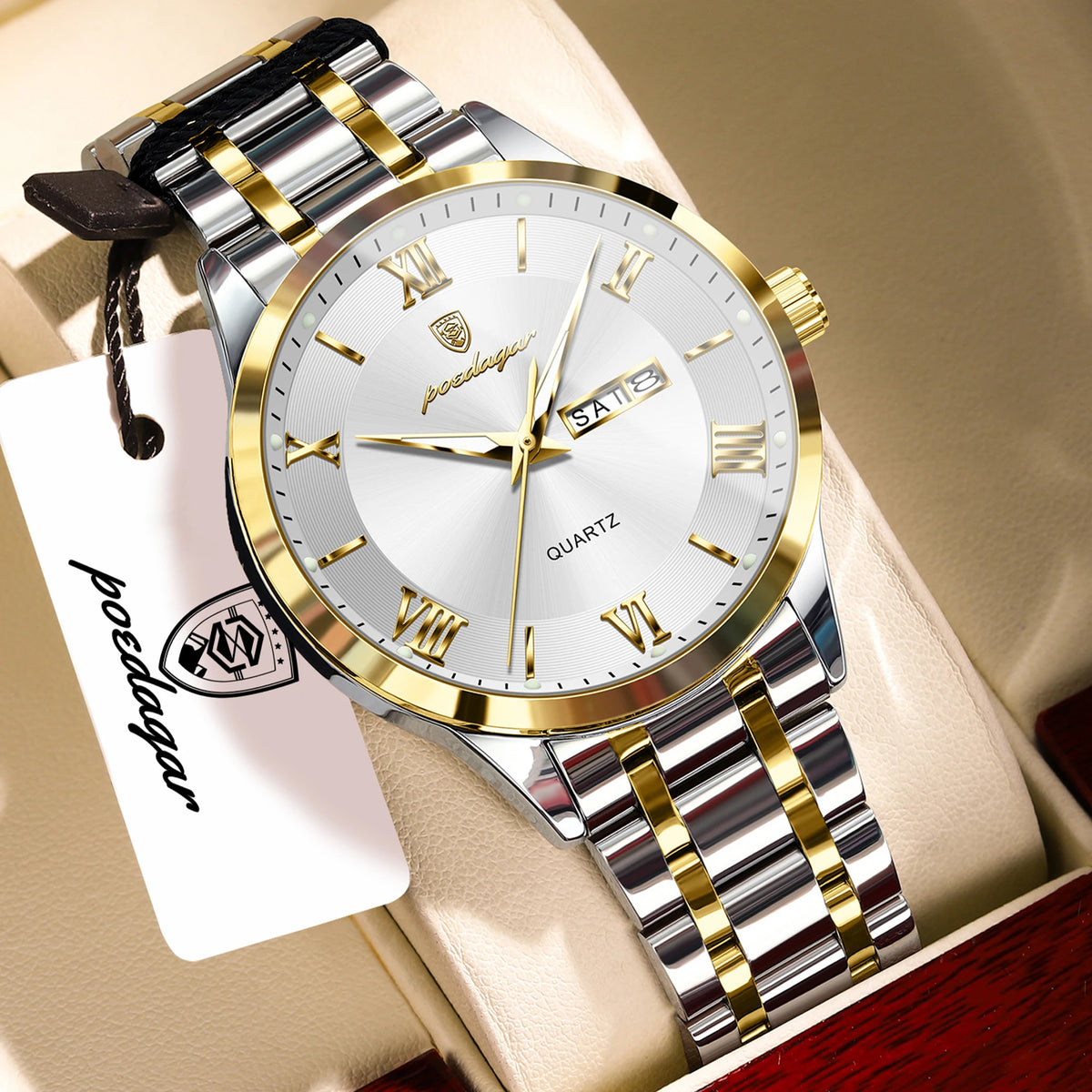 Reloj de pulsera para hombre POEDAGAR de moda, luminoso, impermeable, de acero inoxidable, con fecha y día, de cuarzo para negocios