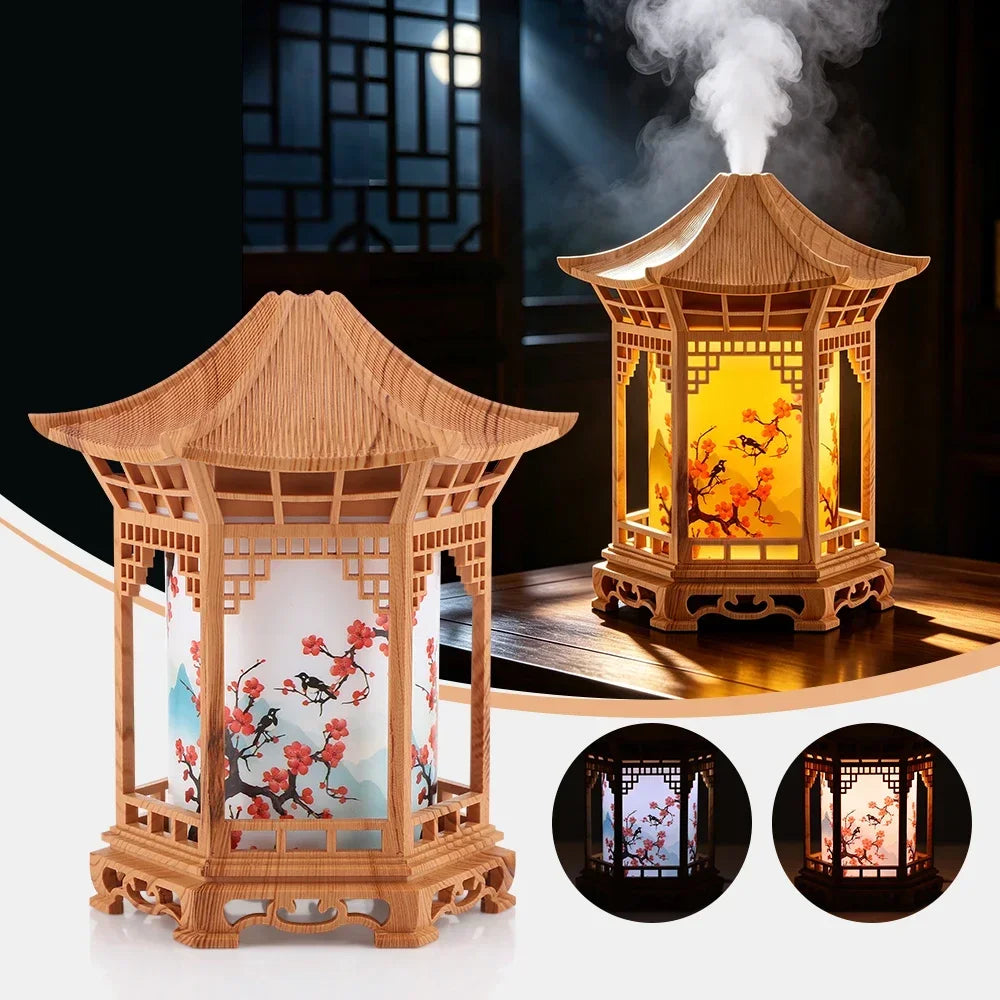 Humidificador USB de Niebla Fría con Luz Nocturna LED, 160ml Ultrasónico Silencioso por Debajo de 36dB, Decoración de Pagoda, para Escritorio, Dormitorio, Coche, Color Madera Clara