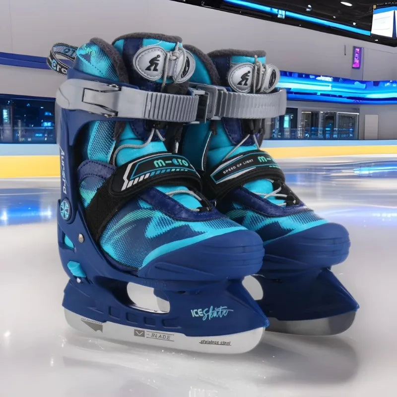 Patines de hielo para niños de tamaño ajustable, cuchillas de acero inoxidable, botas de patinaje sobre hielo con soporte seguro y cálido para principiantes.