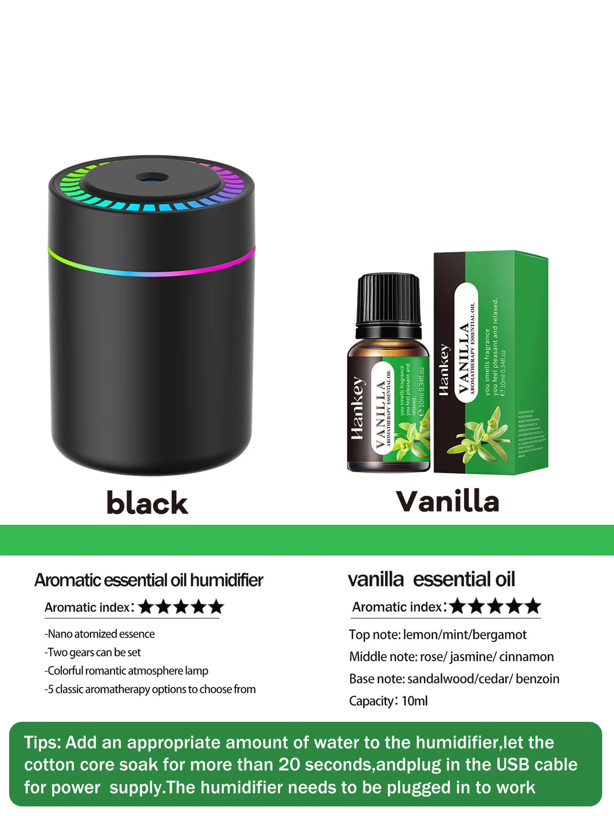 Difusor de aromaterapia de 180ml, humidificador, aceite esencial de aromaterapia, purificador de aire, coche para dormir, llevar en casa, luz LED de 7 colores