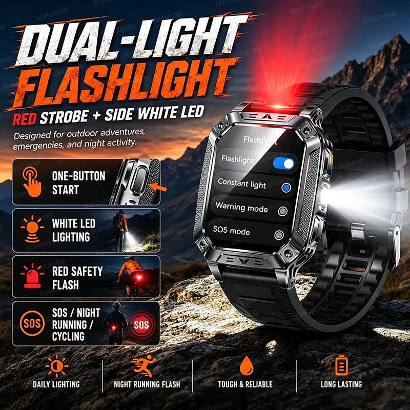 2026 HOT Upgraded Military Smart Watch Possess1400mAh Battery Capacity Outdoor IP68 Waterproof SOS Red And White LED Flashlight 100+Sport HD Call 2.01 inch Screen Watch