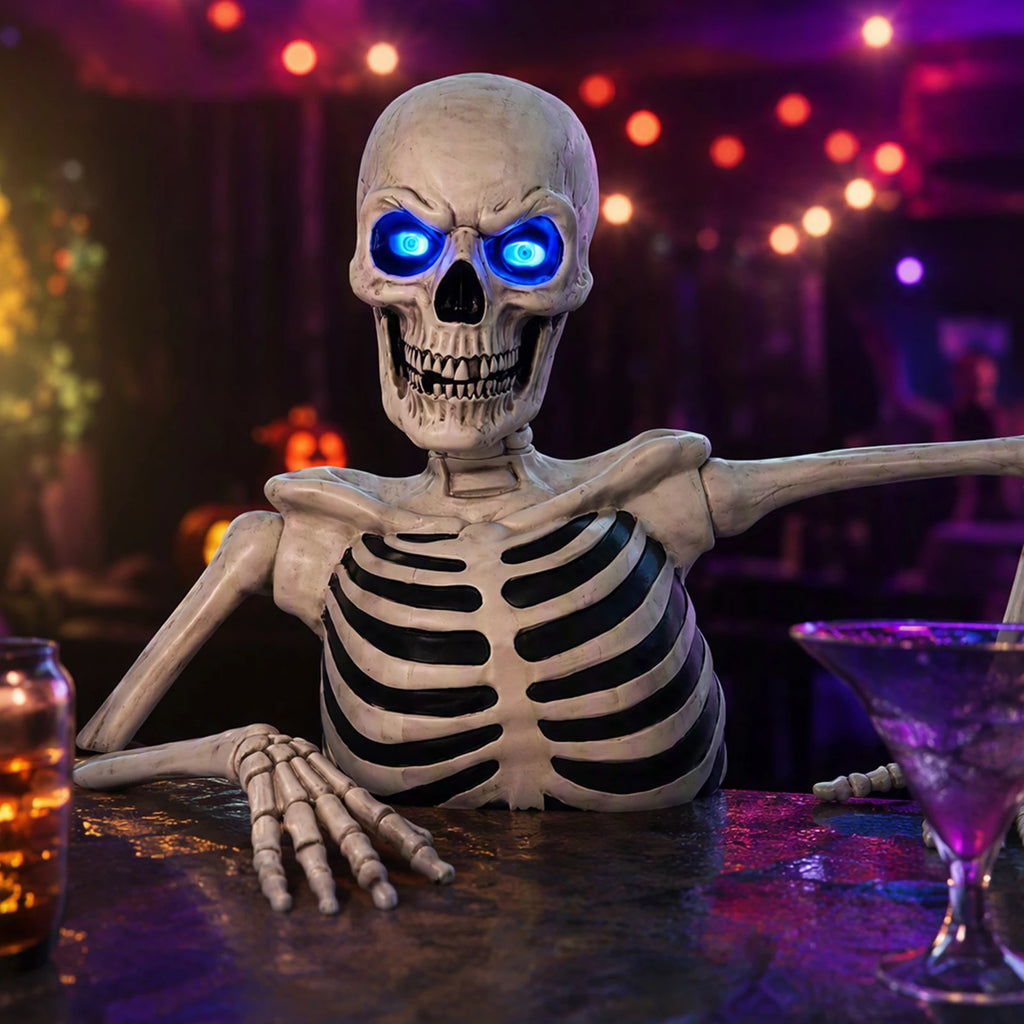 Accesorio de calavera gigante de cementerio para Halloween, rompiendo el suelo, con ojos LED brillantes y brazos ajustables, decoración de jardín para exteriores