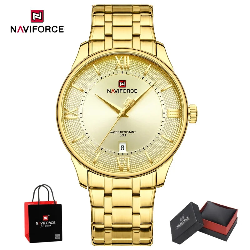NAVIFORCE Men Elegant Quartz Wristwatch 3ATM Waterproof Calendar Stainless Steel Business Formal Watch Wristwatch Gifts box