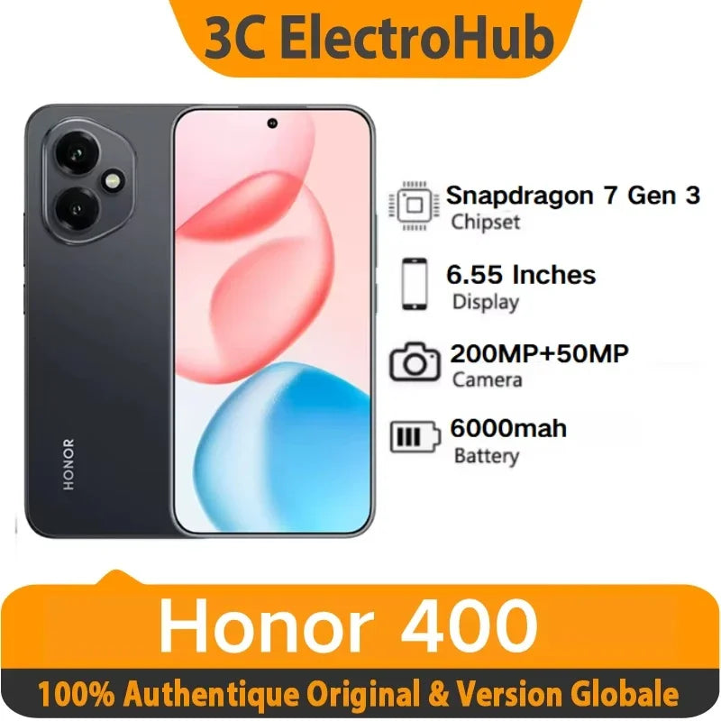 Honor 400 - Snapdragon 7 Gen 3, AMOLED 120Hz, 6000 mAh, cámara súper IA de 200 MP + 50 MP, smartphone de 6,55 pulgadas