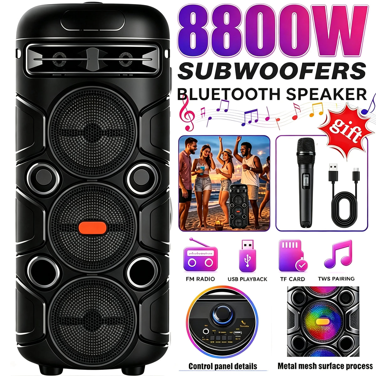 8800W Peak High Power Portable Bluetooth Speaker CBS-3031 Party Box Bluetooth 5.3 RGB LED DJ Lights TWS Wireless Stereo Professional Karaoke Speaker with Microphone Bedroom Home Room Decor Suitable for Outdoor Camping Party