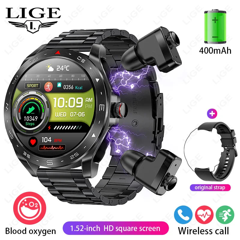 LIGE TWS 2‑in‑1 Smart Watch with Built‑in Wireless Earbuds 1.52"HD Screen Bluetooth Call Smartwatch Blood Oxygen Fitness Tracker