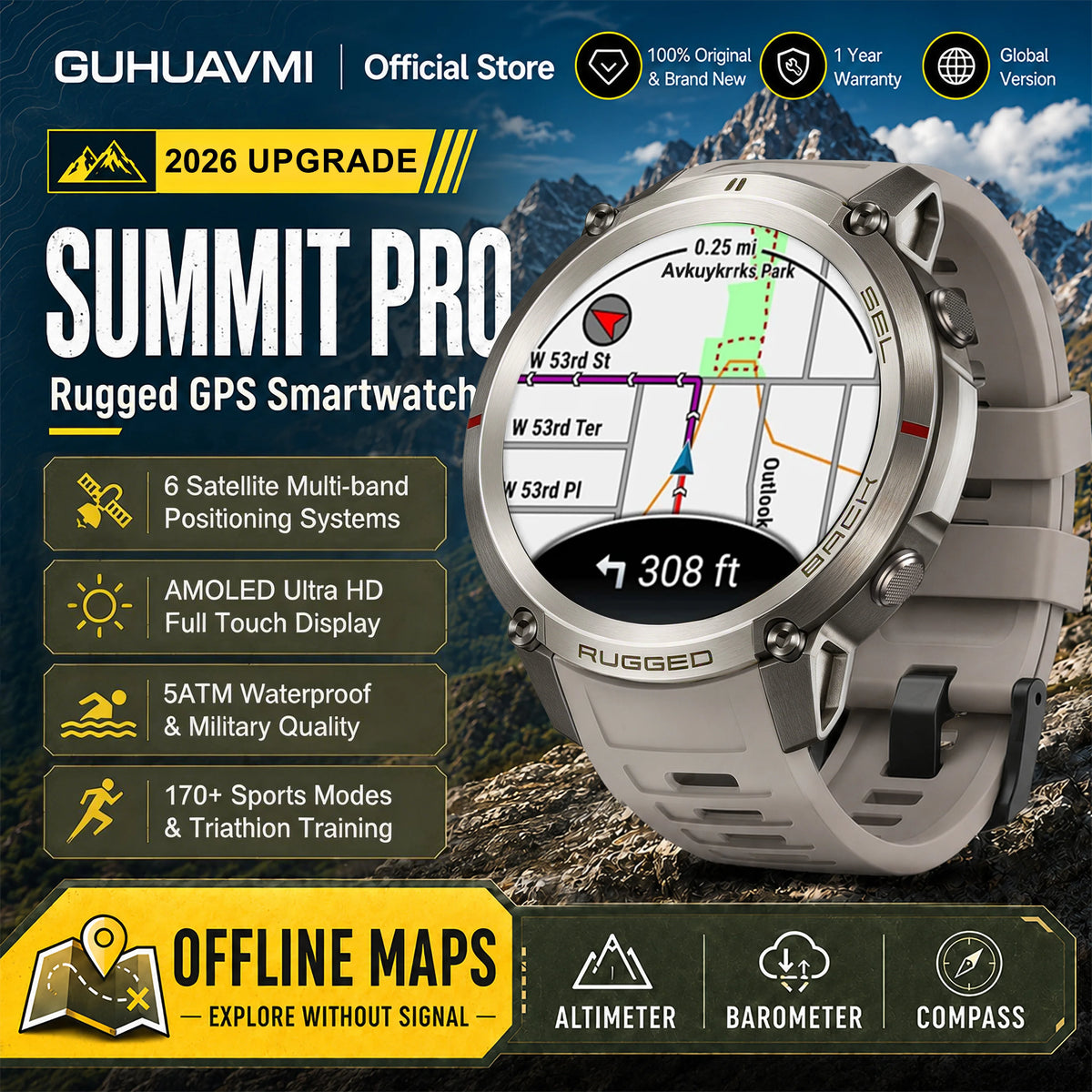 Reloj Inteligente GPS con Mapa Satelital Militar 2026, para Hombre, Pantalla AMOLED de 1.43'', Llamadas Bluetooth, Brújula, Resistente al Agua 5ATM, 170+ Deportes