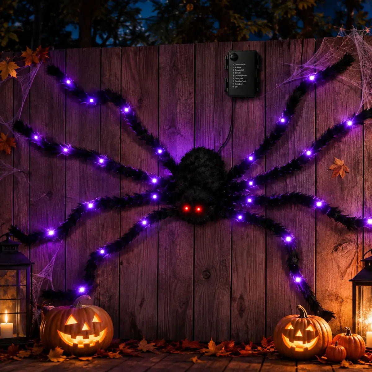 1 pieza de araña gigante luminosa de Halloween, negra y peluda, con luz LED morada, alimentada por batería, 8 modos de iluminación, para decoración de porches interiores y exteriores.