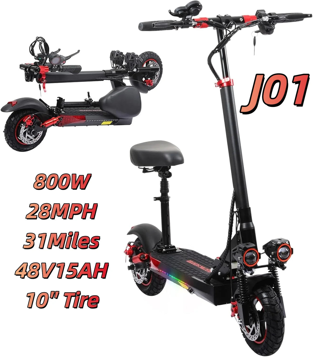 Patinete eléctrico todoterreno plegable negro y rojo con asiento y rueda sin cámara de 10"