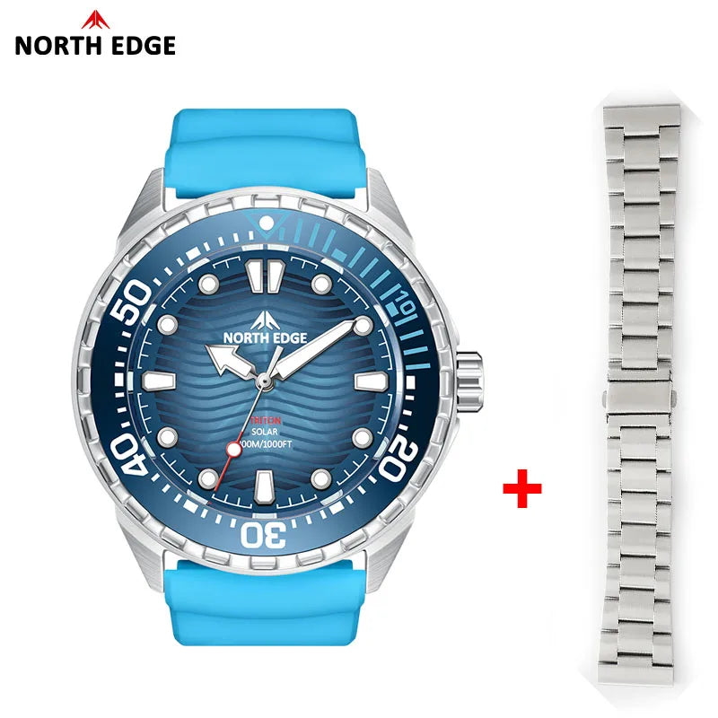 Reloj de buceo solar NORTH EDGE TRITON para hombre, reloj deportivo de buceo profesional de lujo con cuarzo, acero inoxidable 316L y sumergible a 300 m