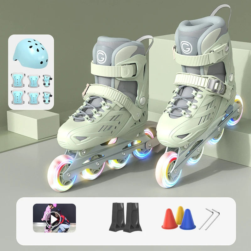 Patines en línea con casco, coderas y rodilleras, juego de bolsa para zapatos, zapatillas Flash de 4 ruedas para niños y niñas, zapatos de Skate ajustables