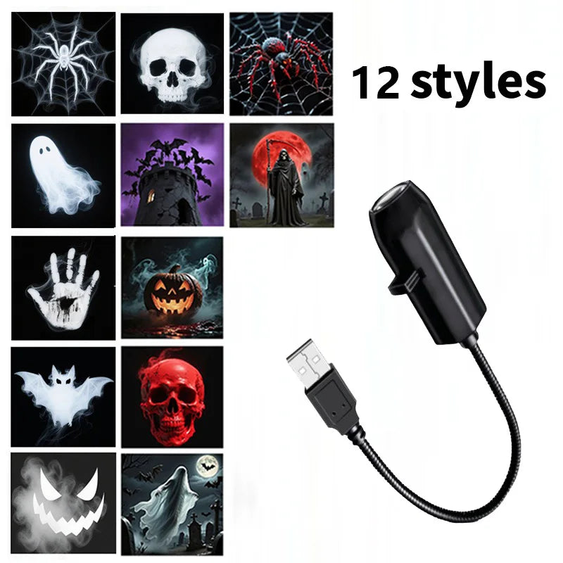 Luz de proyector USB para Halloween, lámpara de noche con proyector LED de calavera y fantasma, patrones intercambiables para decoración de techos, ventanas y paredes de habitaciones