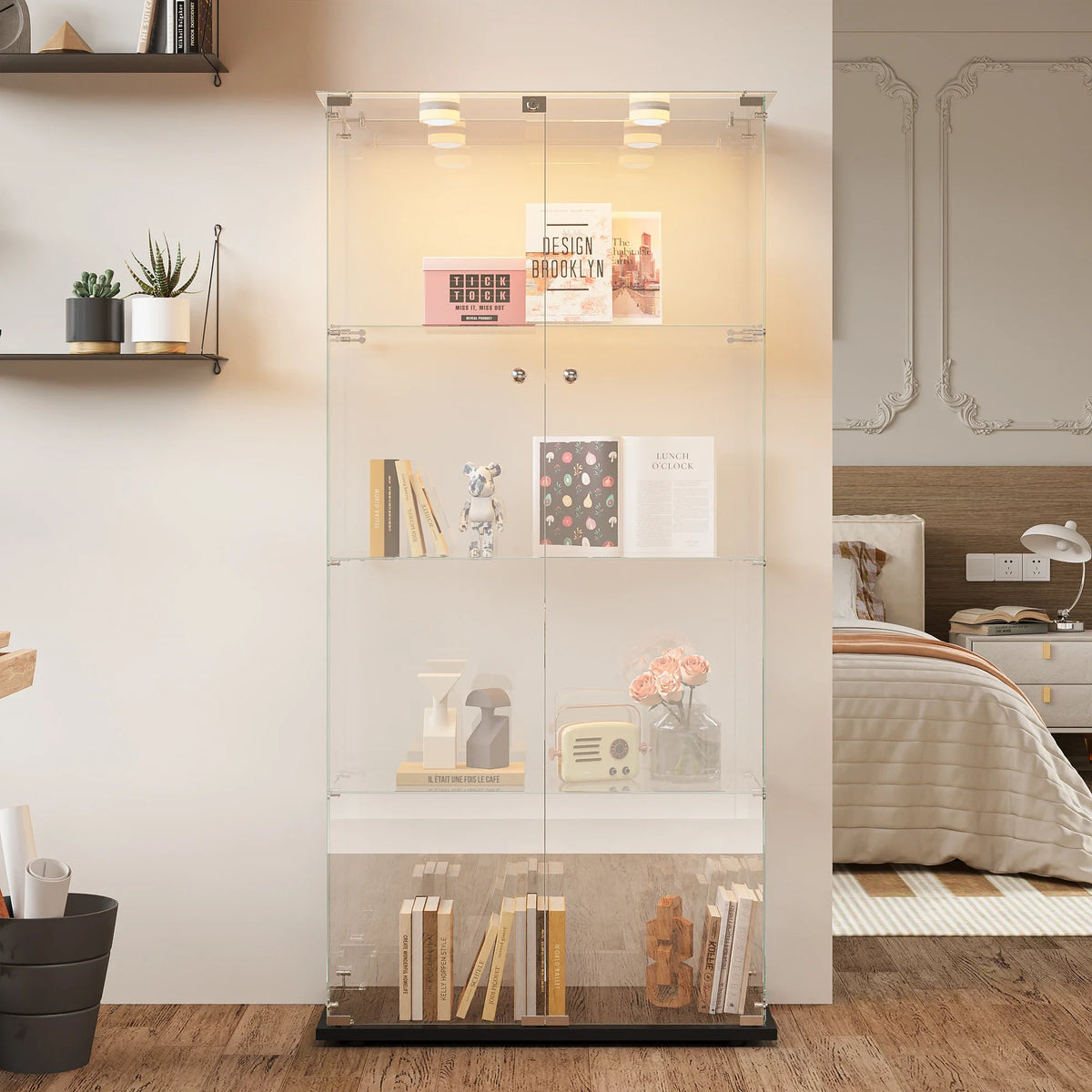 Vitrina de cristal con luces LED, vitrina de exhibición con 4 estantes de cristal y puertas con cerradura, vitrina moderna para coleccionables, libros, figuras, sala de estar, 163 X 80.6 X 36.5 CM