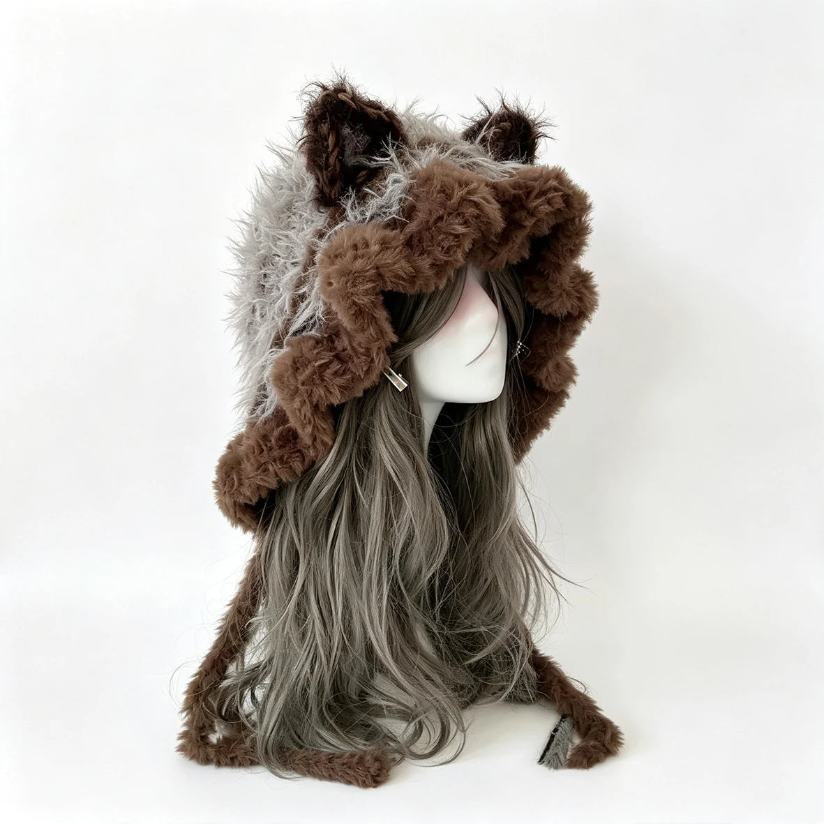 Gorro de ganchillo hecho a mano, personalizado, marrón y gris, con orejas de gato, suave y esponjoso, de punto, para mujer y hombre, cálido para invierno, informal, para cosplay, estilo Goblincore, regalo.
