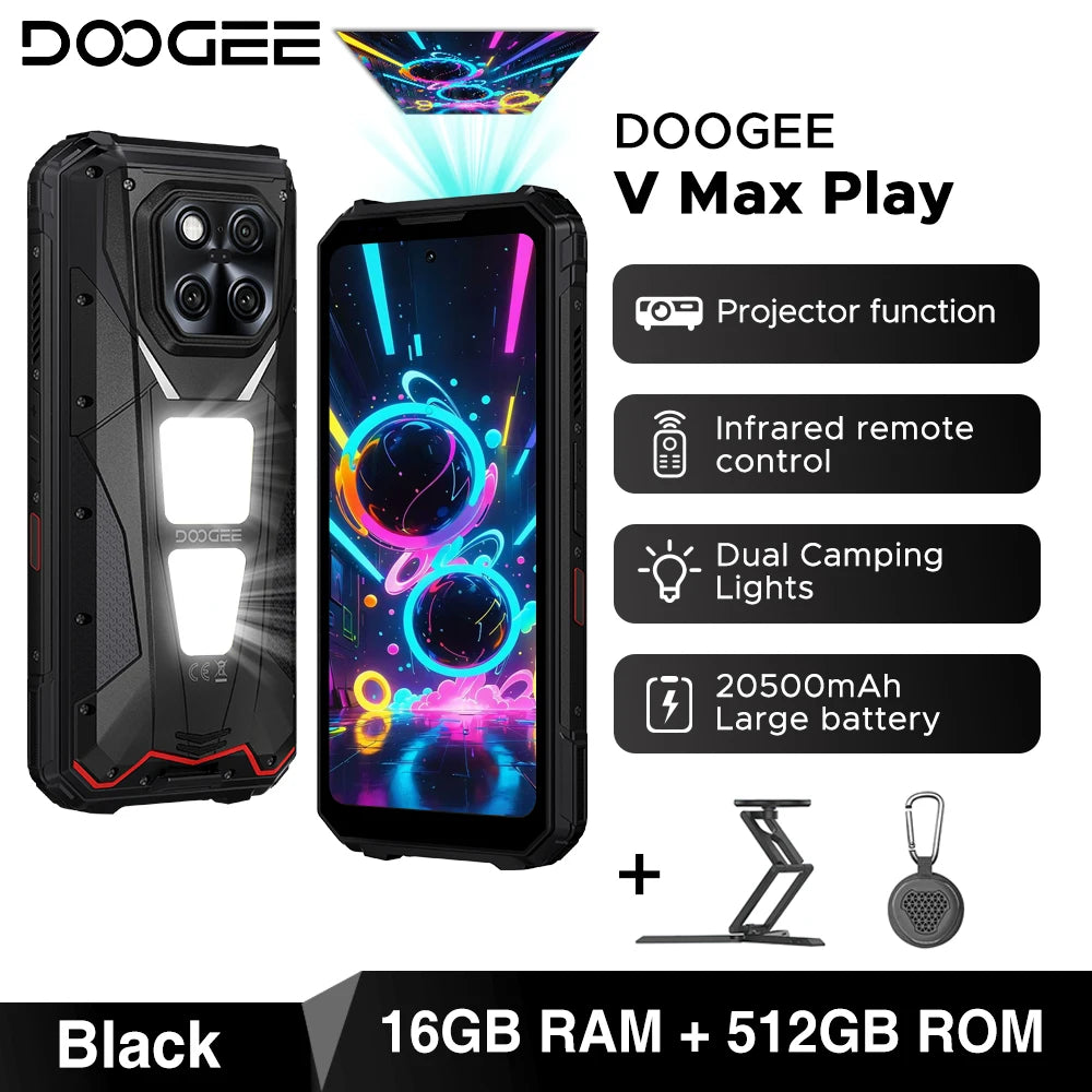 Estreno mundial del smartphone ultra resistente DOOGEE V Max Play 5G con proyector, 20500mAh, luces de camping duales, Dimensity 7300, 16GB+512GB y NFC